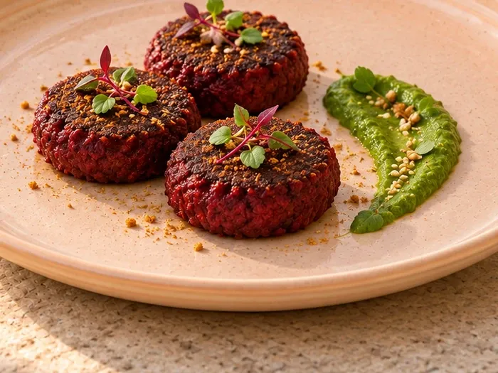 A close detail of beetroot galouti with mint-coriander chutney on Pulari stoneware.