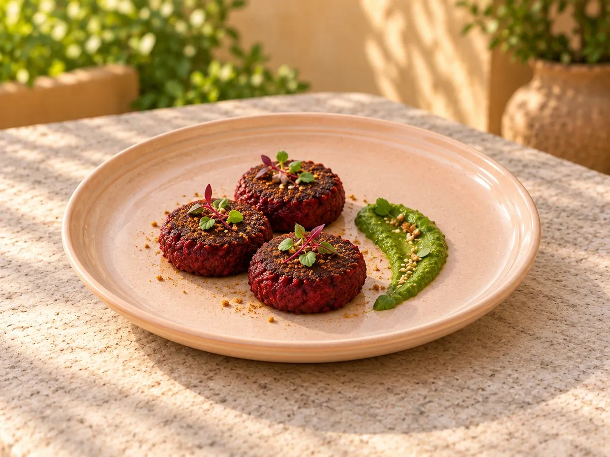 Pulari stoneware serving beetroot galouti with mint-coriander chutney.