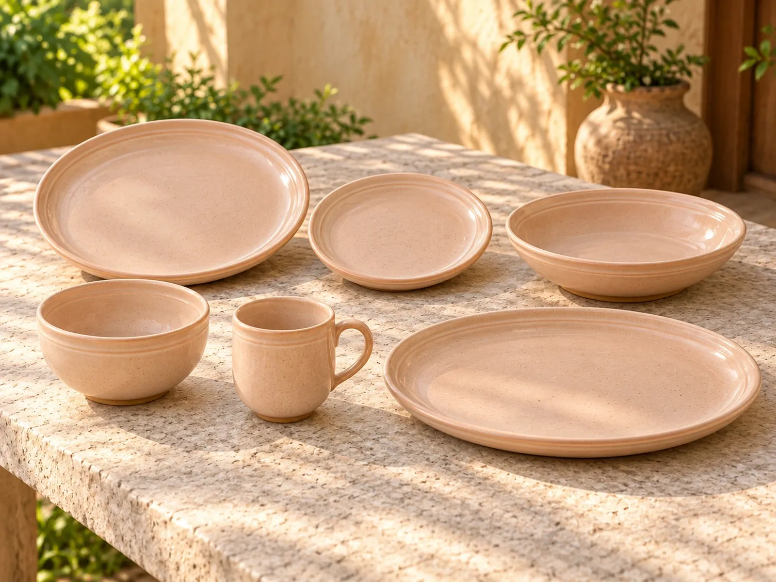 Pulari six-piece stoneware range on a light limestone table.