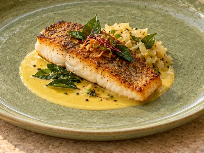 A close detail of pan-seared fish with a small coconut-curry emulsion on Punnai stoneware.
