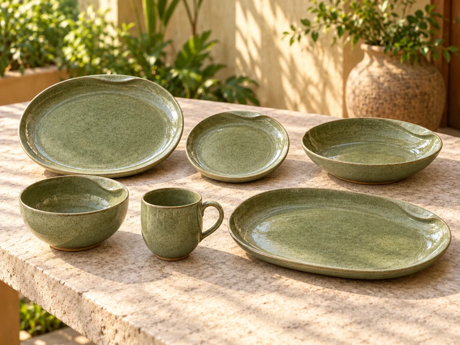 Punnai six-piece stoneware range on a light limestone table.