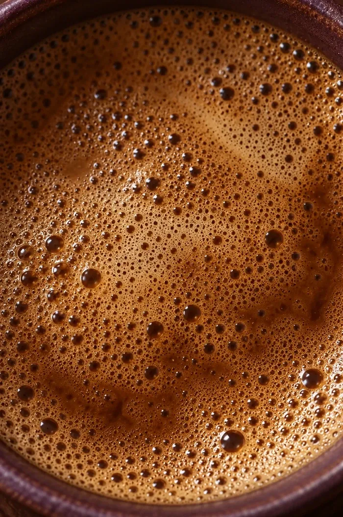 South Indian filter coffee with fine froth in Ruston dinnerware.