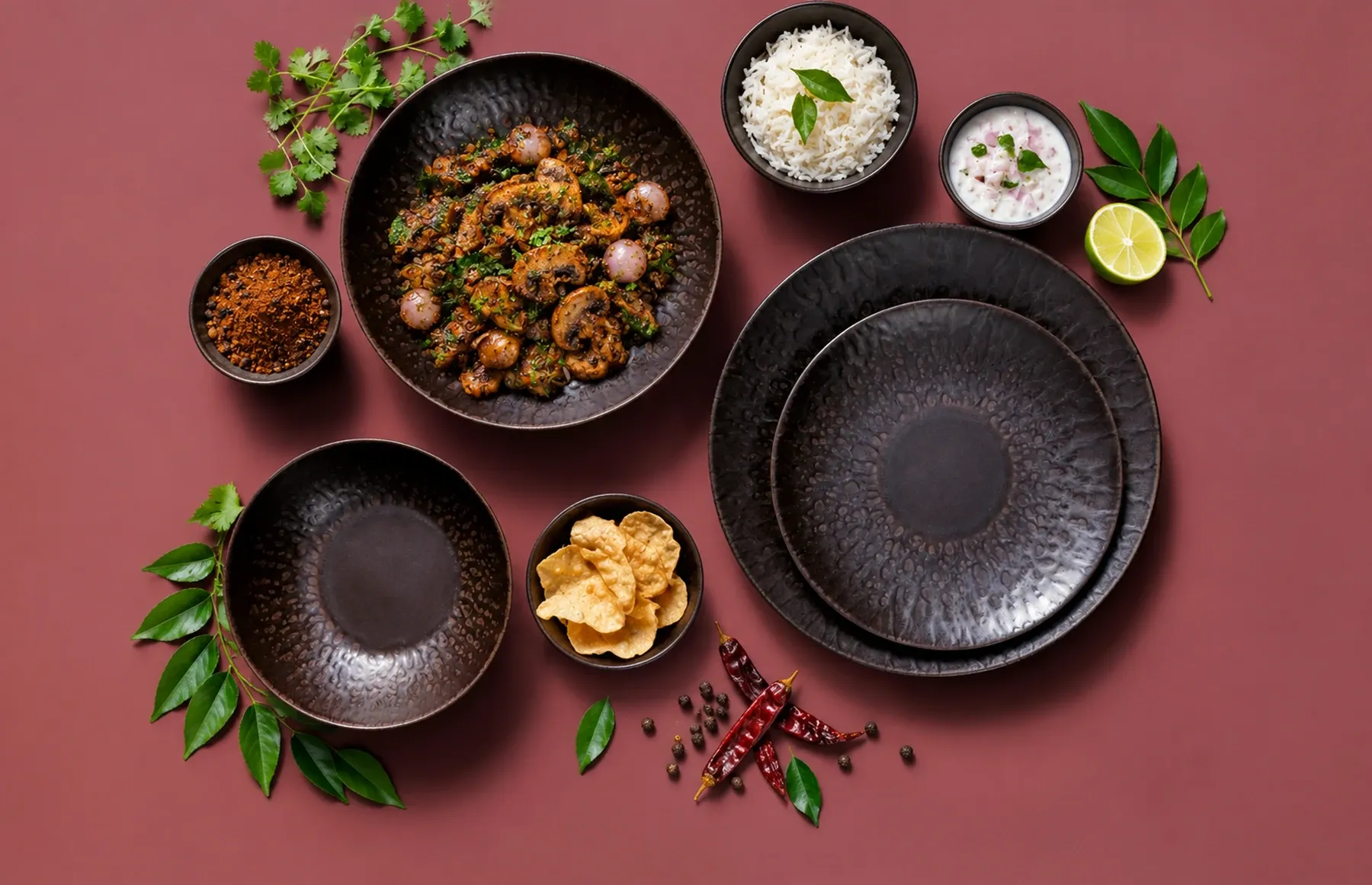 Ruston dinnerware arranged with Chettinad mushroom pepper fry with pearl onions and curry leaves.