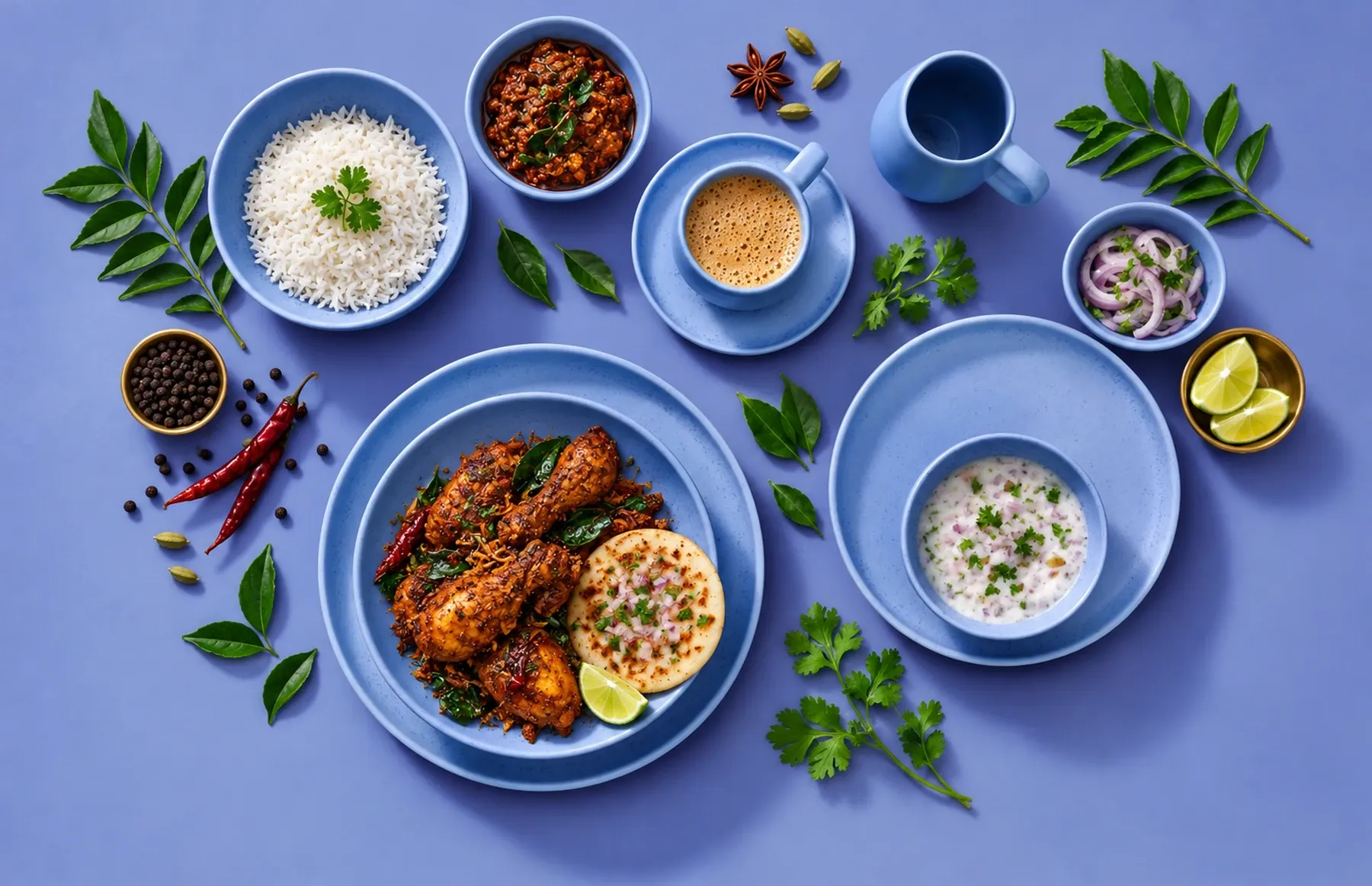 Sandy Loam Blue dinnerware arranged with dry Chettinad chicken with a small mini-uttapam accompaniment.