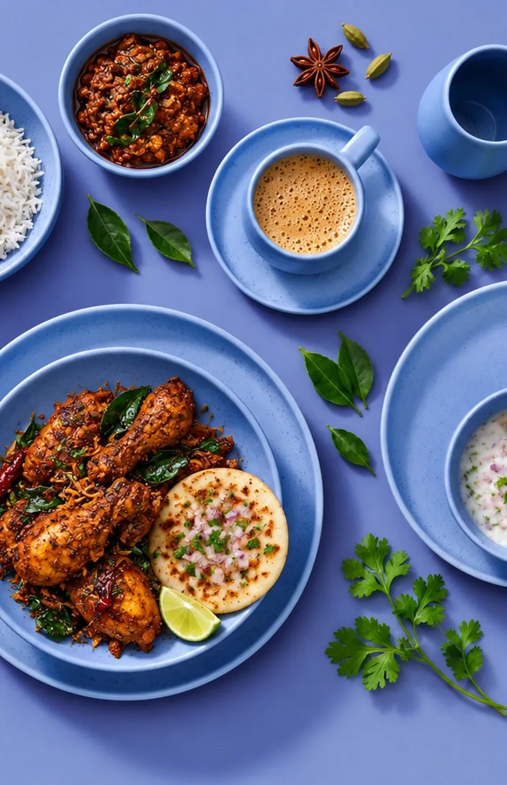Sandy Loam Blue dinnerware arranged with dry Chettinad chicken with a small mini-uttapam accompaniment.