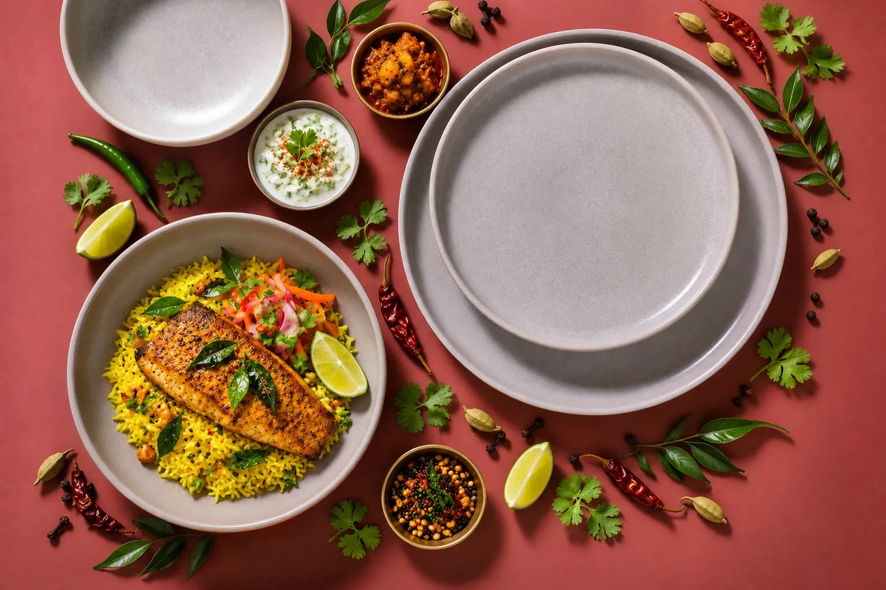 Sandy Loam Grey dinnerware arranged with pan-seared fish with bright curry-leaf rice and a small vegetable garnish.