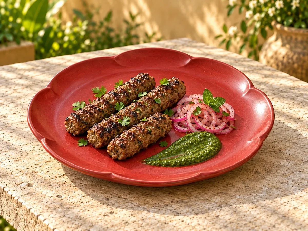 Sembaruthi stoneware serving lamb seekh kebabs with mint chutney and pickled onion.