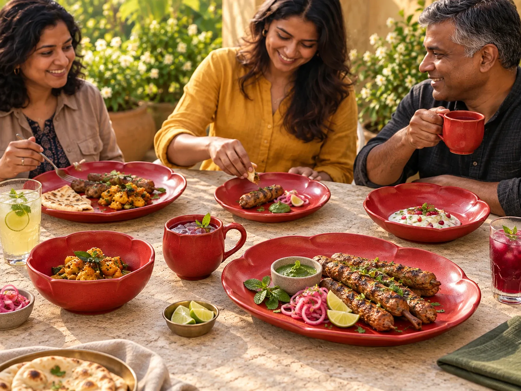South Indian diners sharing an Indian meal with Sembaruthi dinnerware.