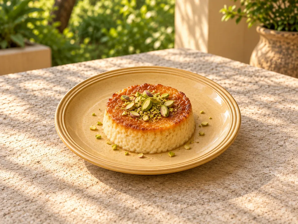 Shenbagam stoneware serving baked mishti doi with pistachio.