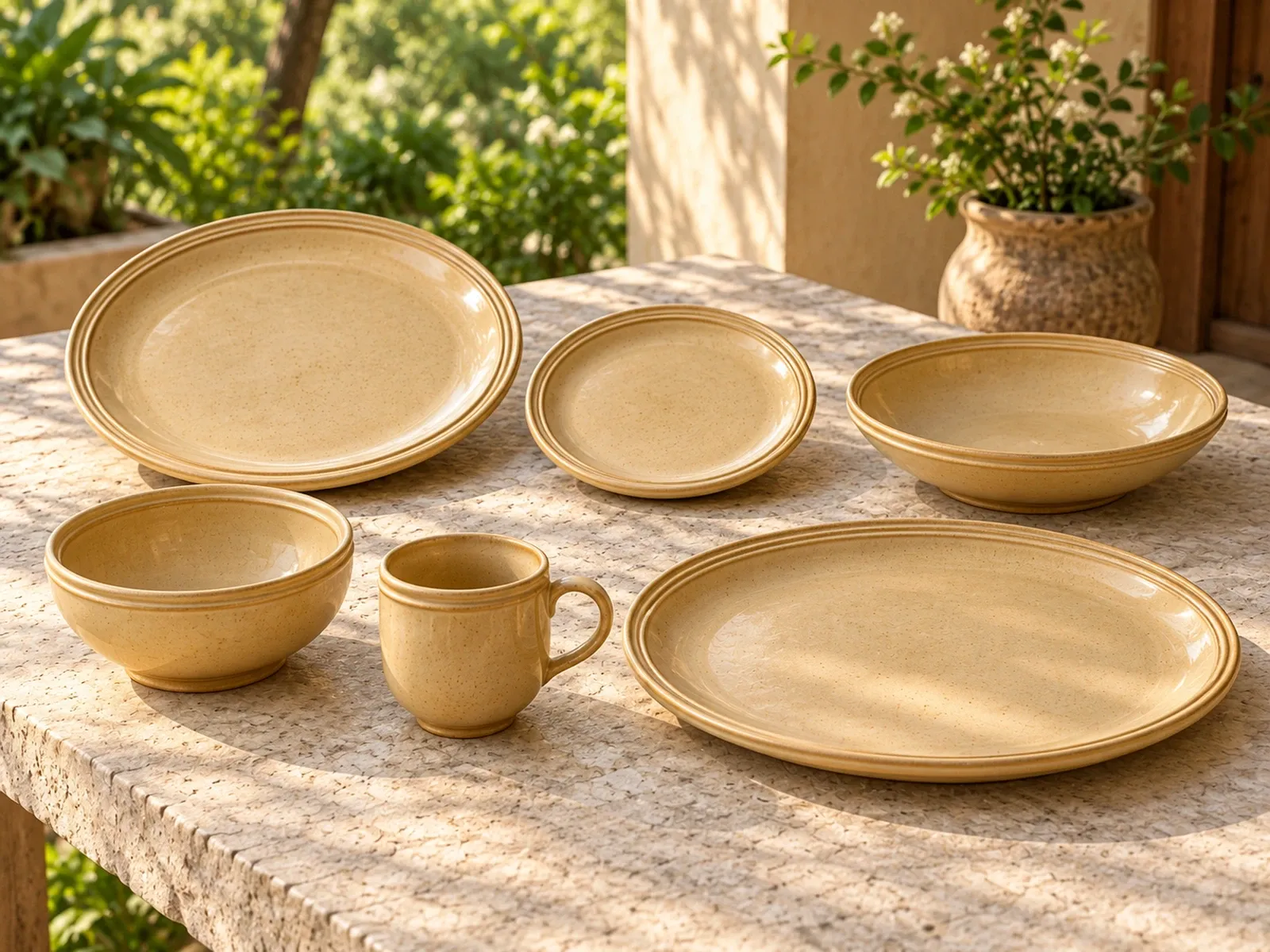 Shenbagam six-piece stoneware range on a light limestone table.