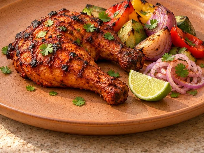 A close detail of tandoori chicken with charred vegetables and lime on Tamira stoneware.