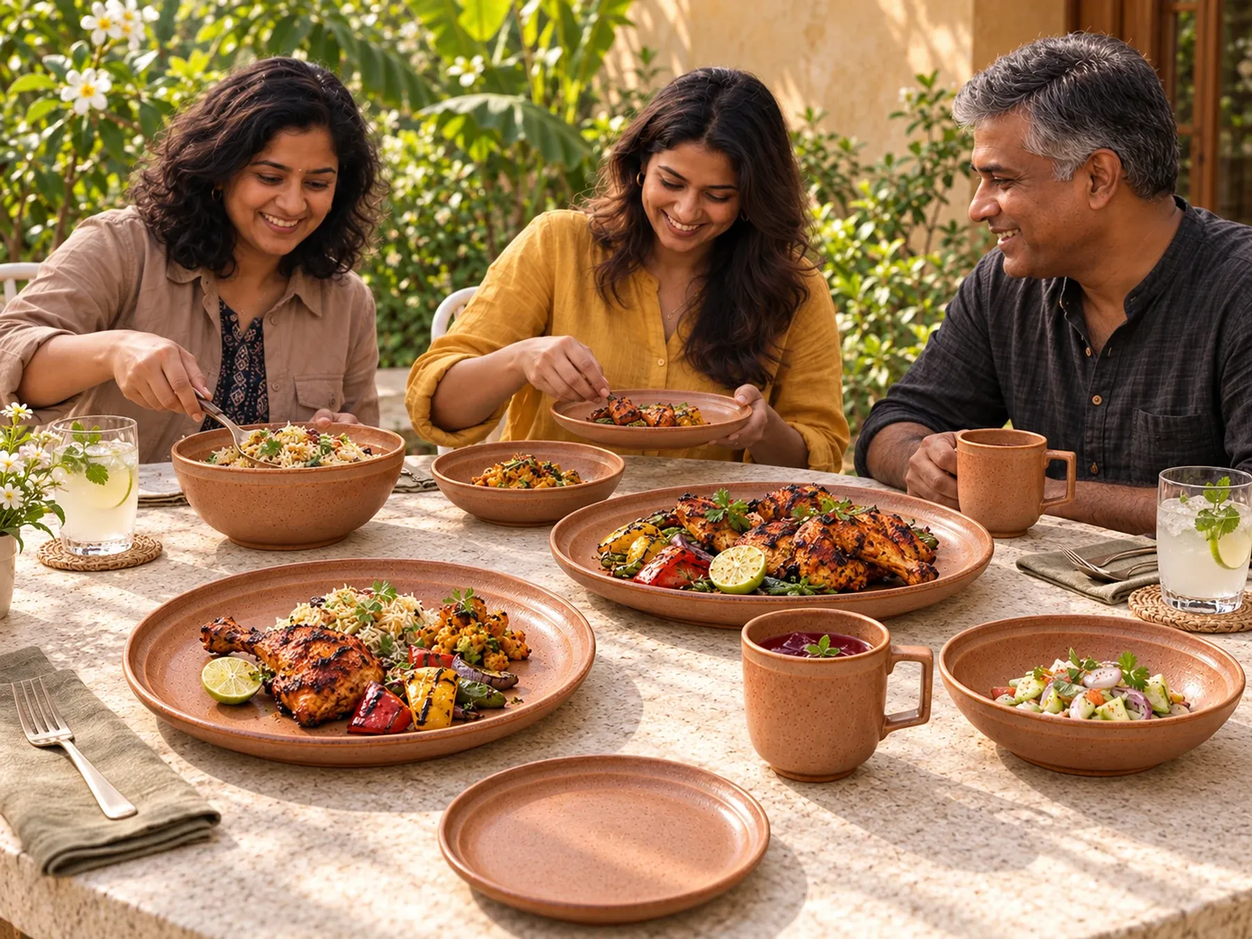 South Indian diners sharing an Indian meal with Tamira dinnerware.