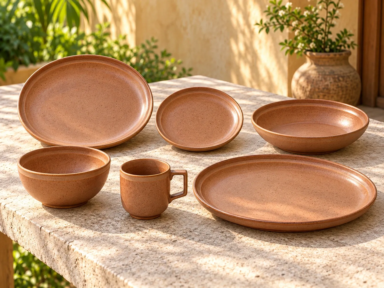 Tamira six-piece stoneware range on a light limestone table.