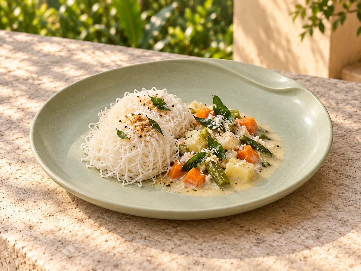 Thendral stoneware serving mini idiyappam with coconut vegetable stew.