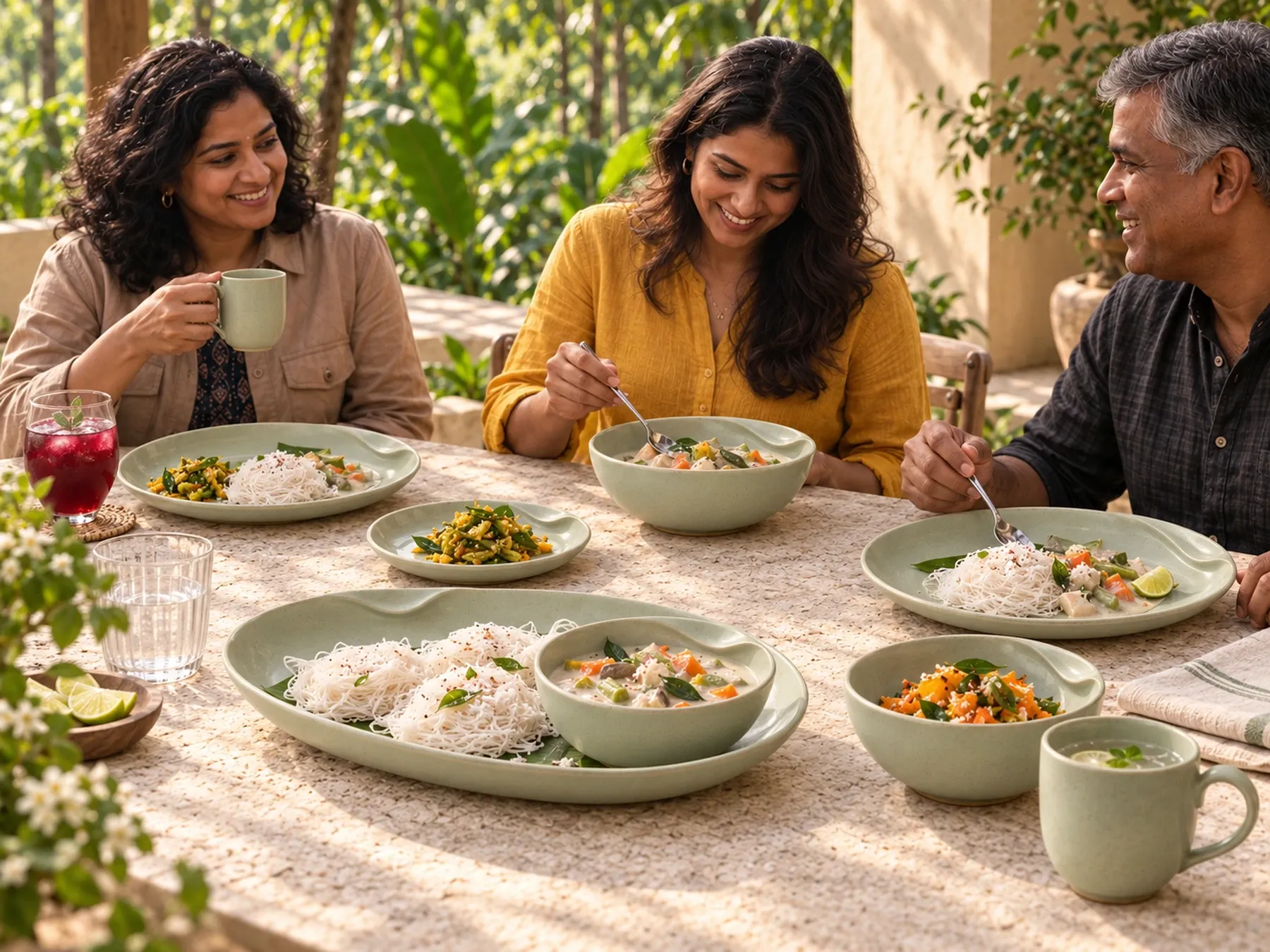 South Indian diners sharing an Indian meal with Thendral dinnerware.