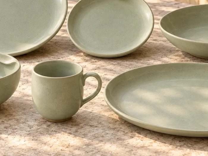 A close detail of Thendral stoneware forms and glaze.