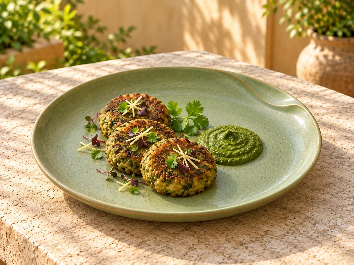 Thulasi stoneware serving hara bhara kebabs with coriander chutney.