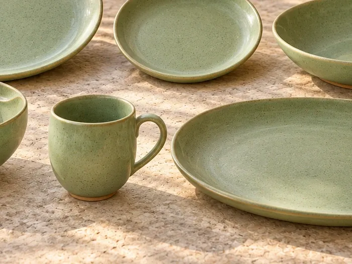 A close detail of Thulasi stoneware forms and glaze.