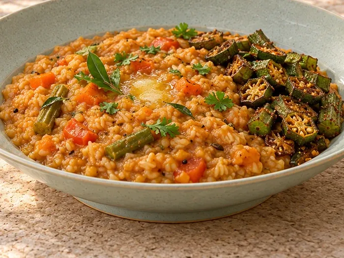 A close detail of bisi bele bath with crisp okra and a restrained ghee finish on Tunga stoneware.