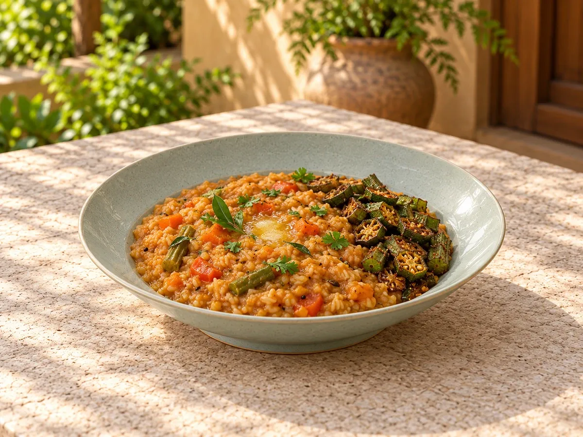 Tunga stoneware serving bisi bele bath with crisp okra and a restrained ghee finish.