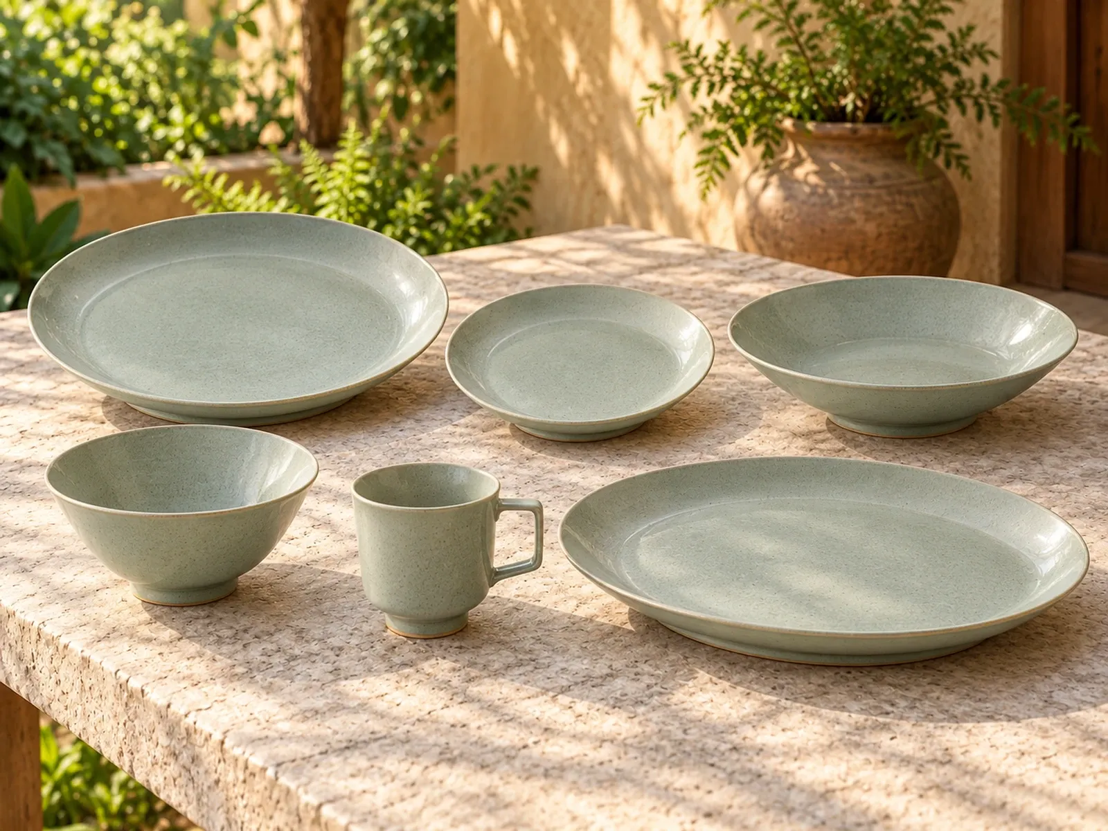 Tunga six-piece stoneware range on a light limestone table.