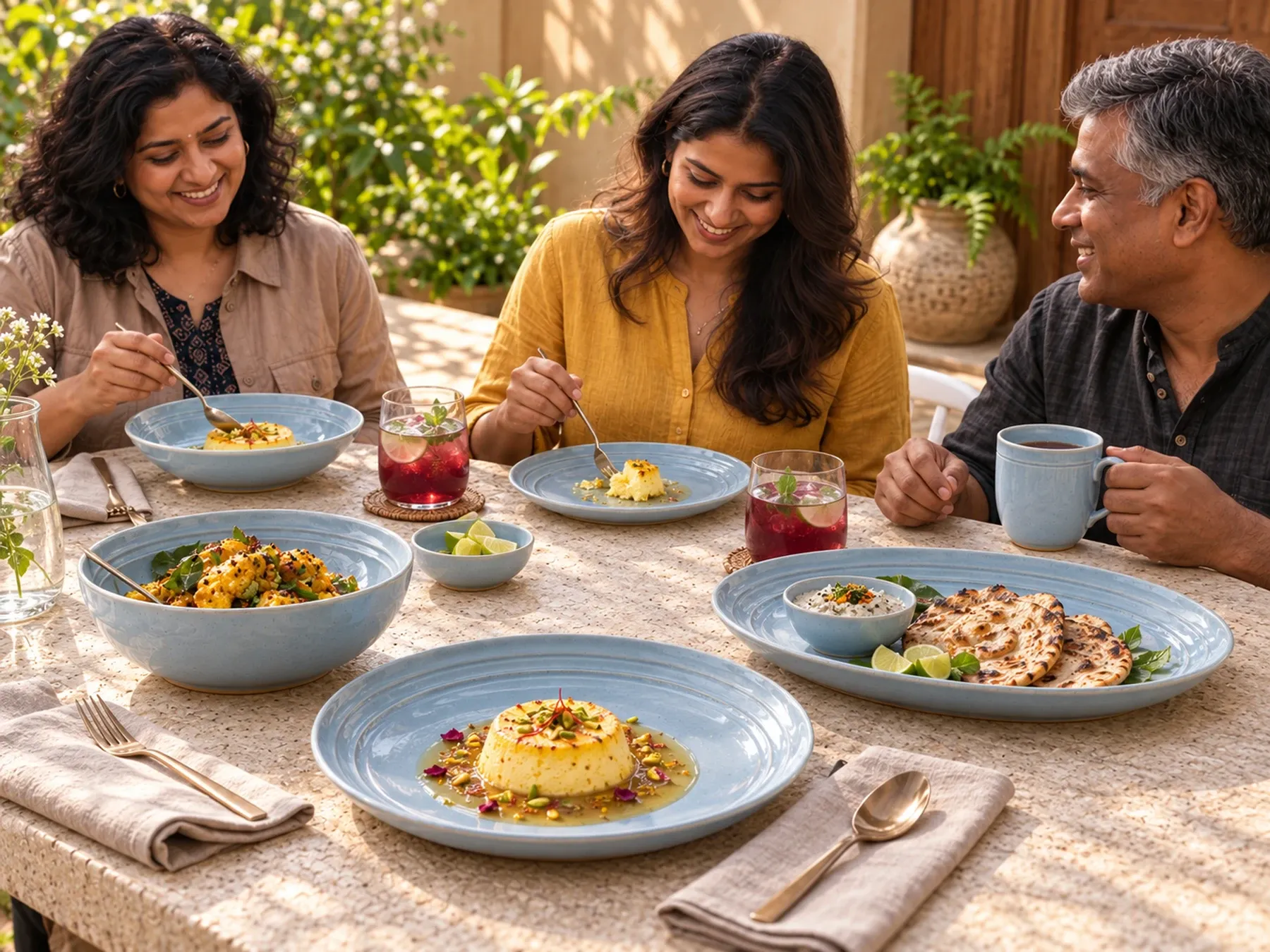 South Indian diners sharing an Indian meal with Vaanam dinnerware.