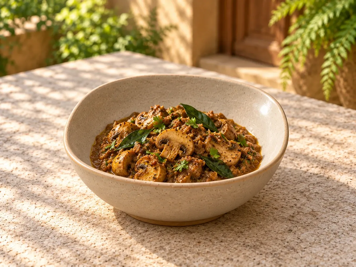 Vaigai stoneware serving Chettinad mushroom curry with curry leaves.