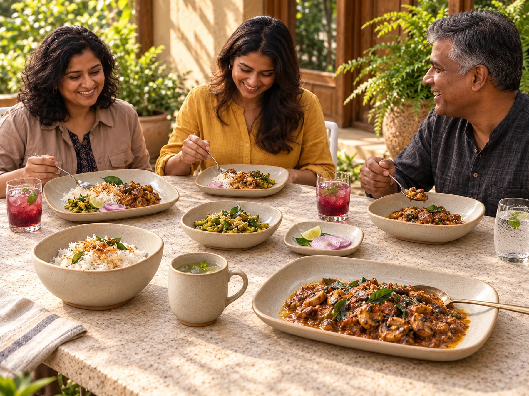 South Indian diners sharing an Indian meal with Vaigai dinnerware.