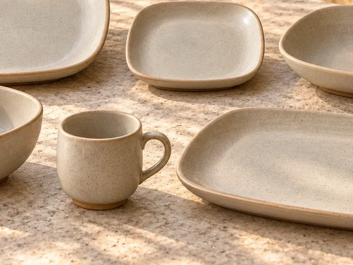 A close detail of Vaigai stoneware forms and glaze.