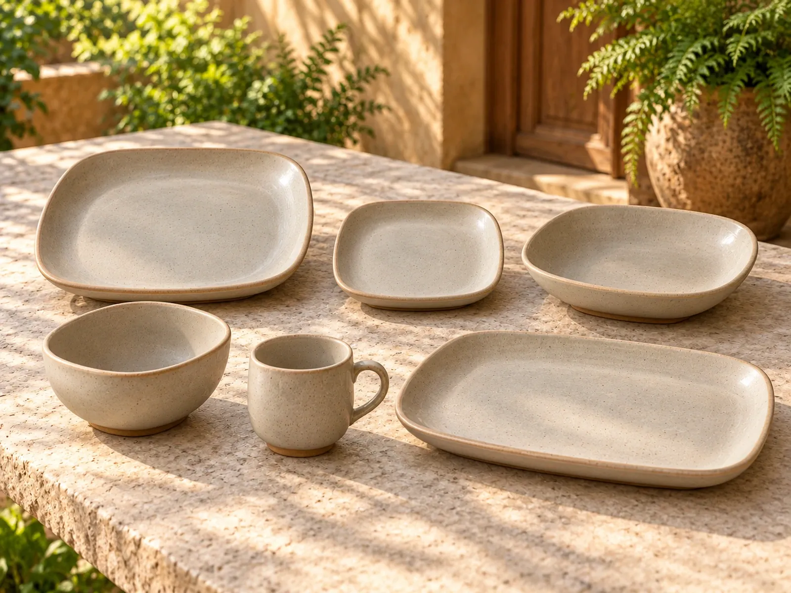 Vaigai six-piece stoneware range on a light limestone table.