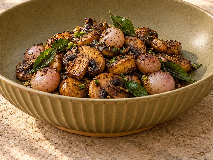 A close detail of mushroom pepper fry with curry leaves and pearl onions on Vetiver stoneware.