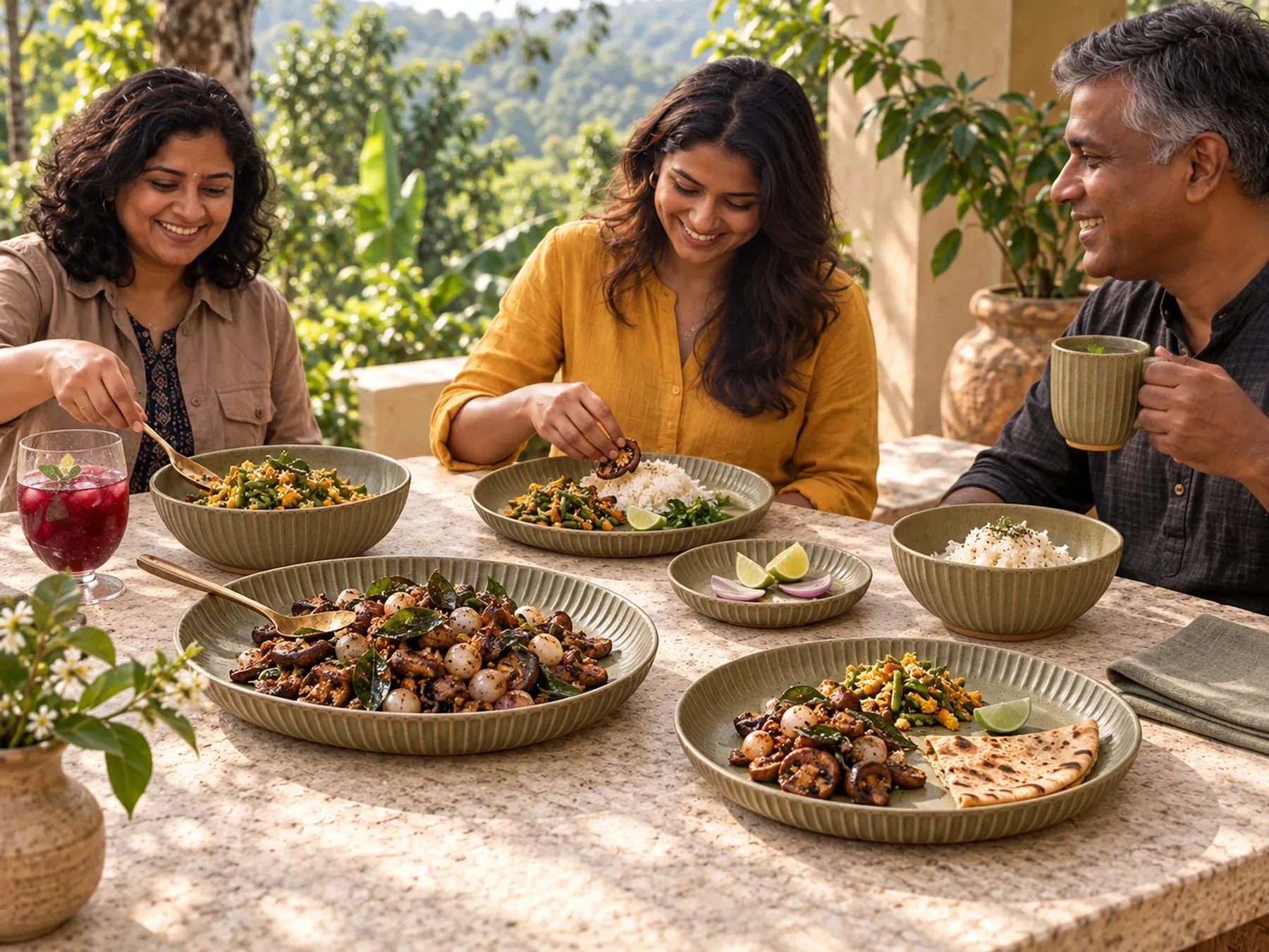South Indian diners sharing an Indian meal with Vetiver dinnerware.