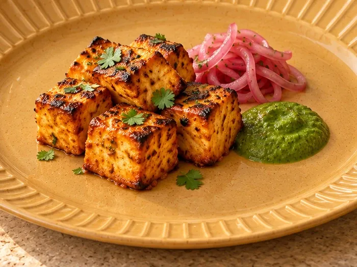 A close detail of paneer tikka with mint chutney and pickled onion on Veyil stoneware.