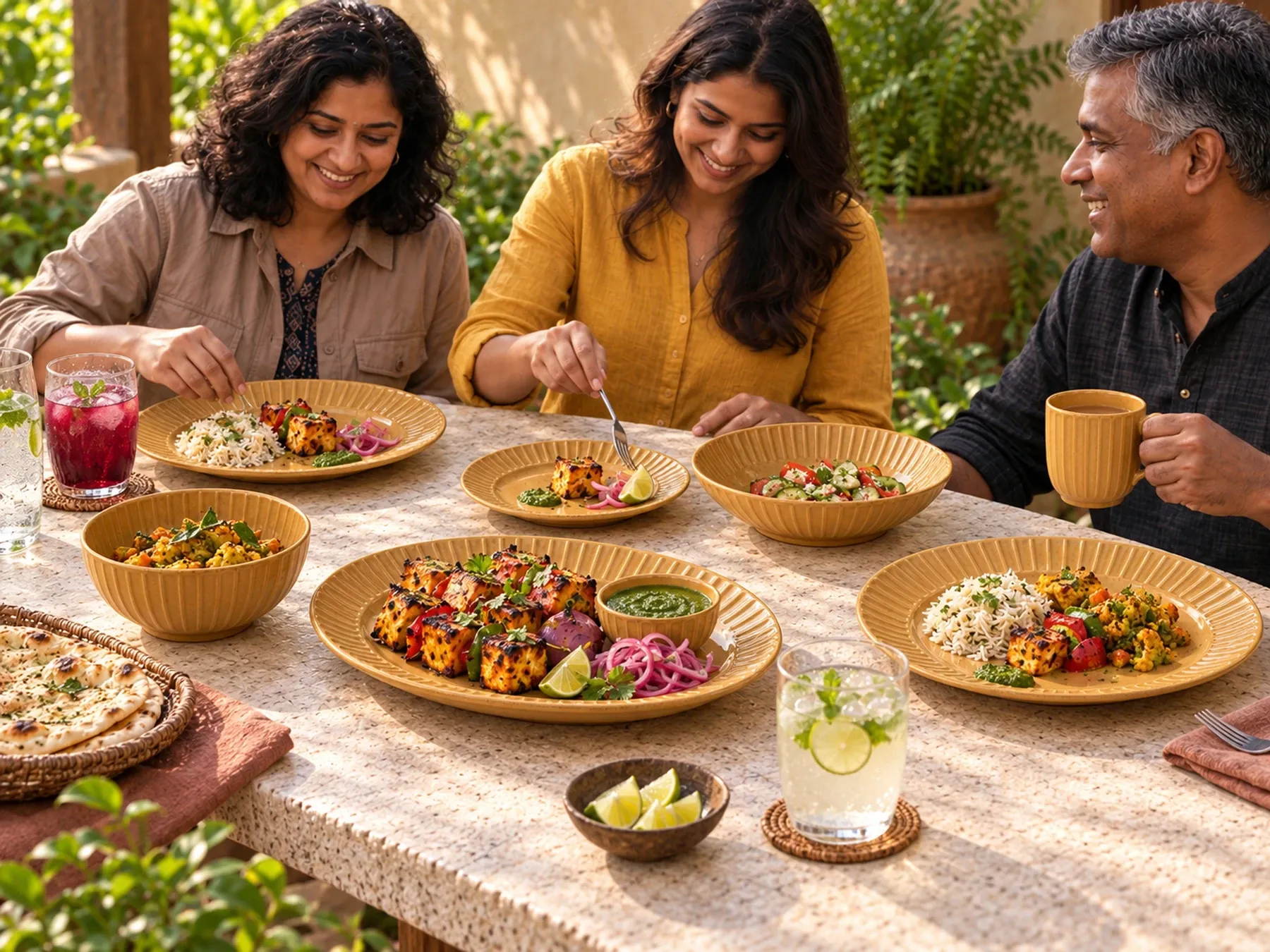 South Indian diners sharing an Indian meal with Veyil dinnerware.