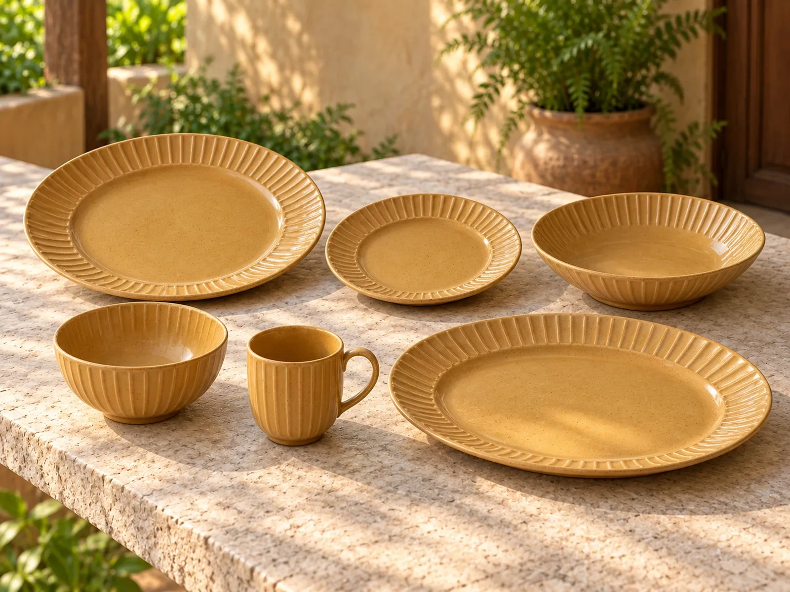 Veyil six-piece stoneware range on a light limestone table.