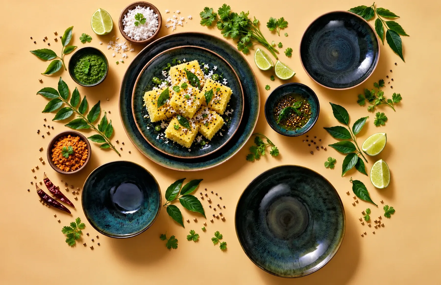 Wisteria dinnerware arranged with small dhokla portions with mustard-seed tempering, coriander chutney and fresh coconut.