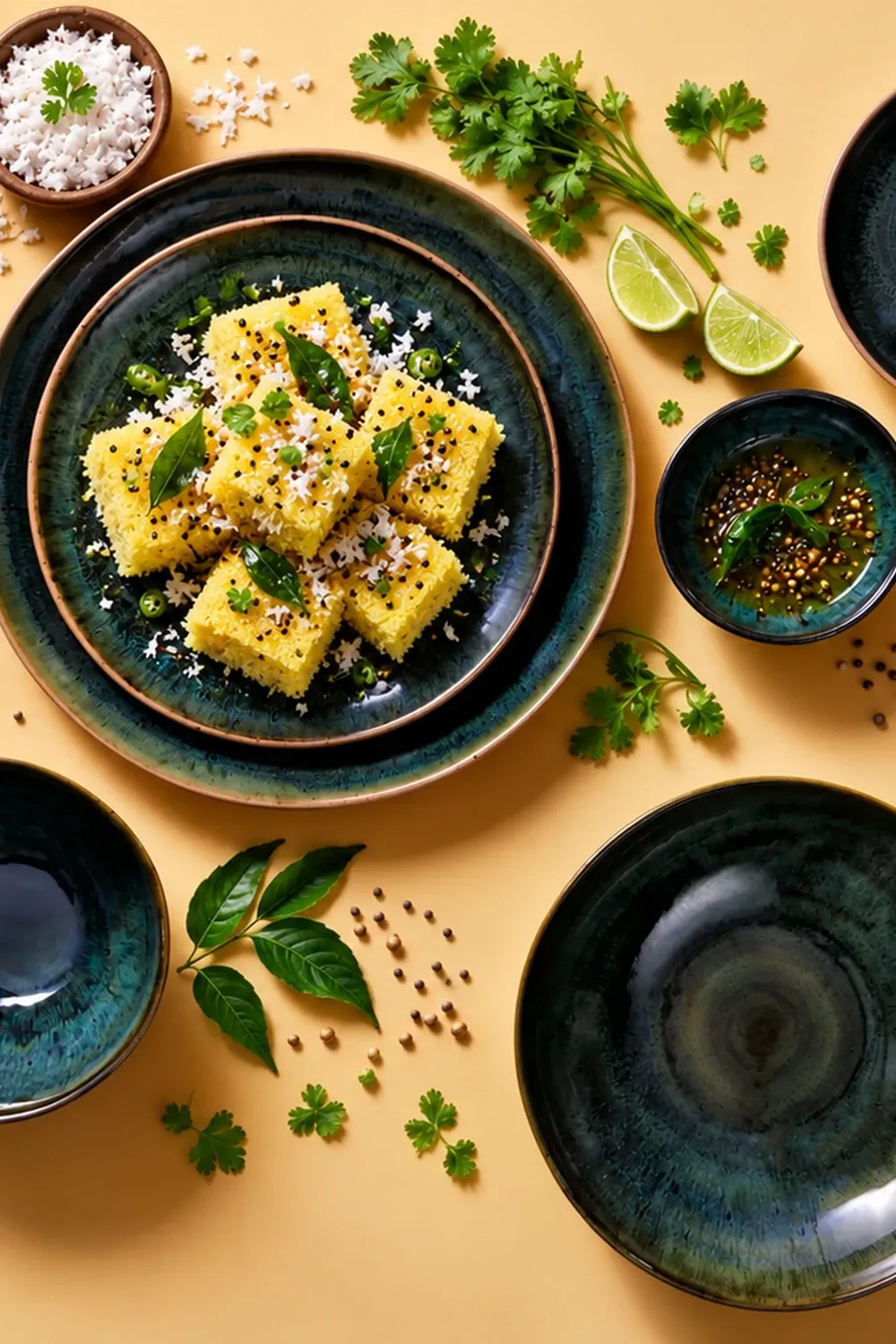 Wisteria dinnerware arranged with small dhokla portions with mustard-seed tempering, coriander chutney and fresh coconut.